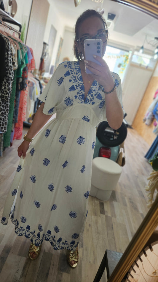 Robe longue écru/bleue