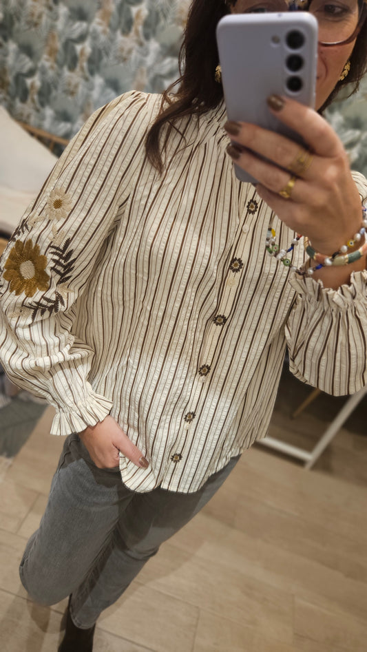 Blouse écru rayures marrons