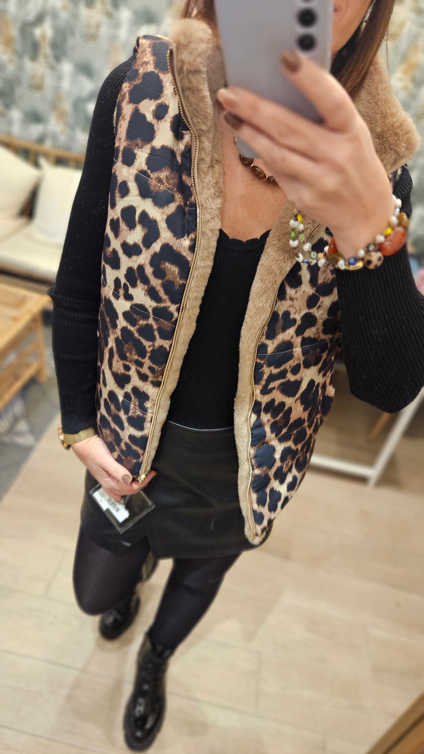 Gilet SM Léopard Taupe réversible fourrure