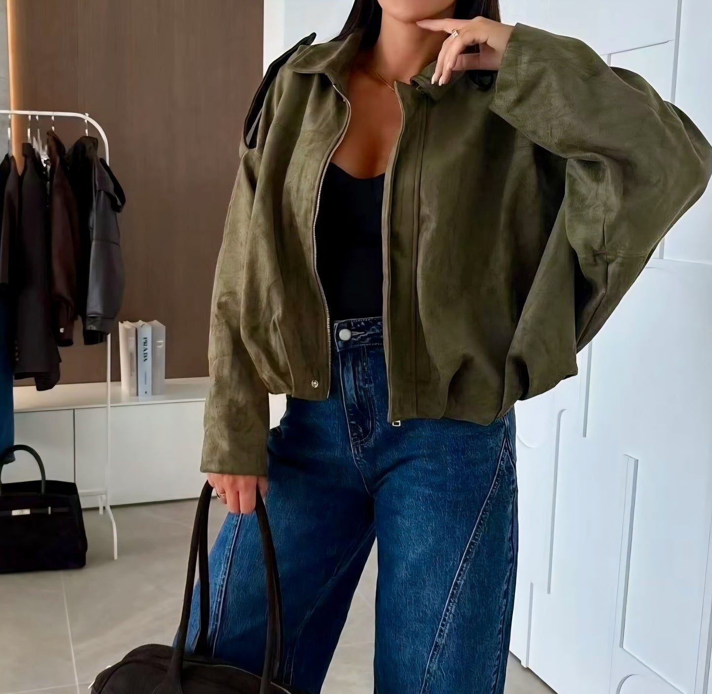 Veste oversize suédine Kaki