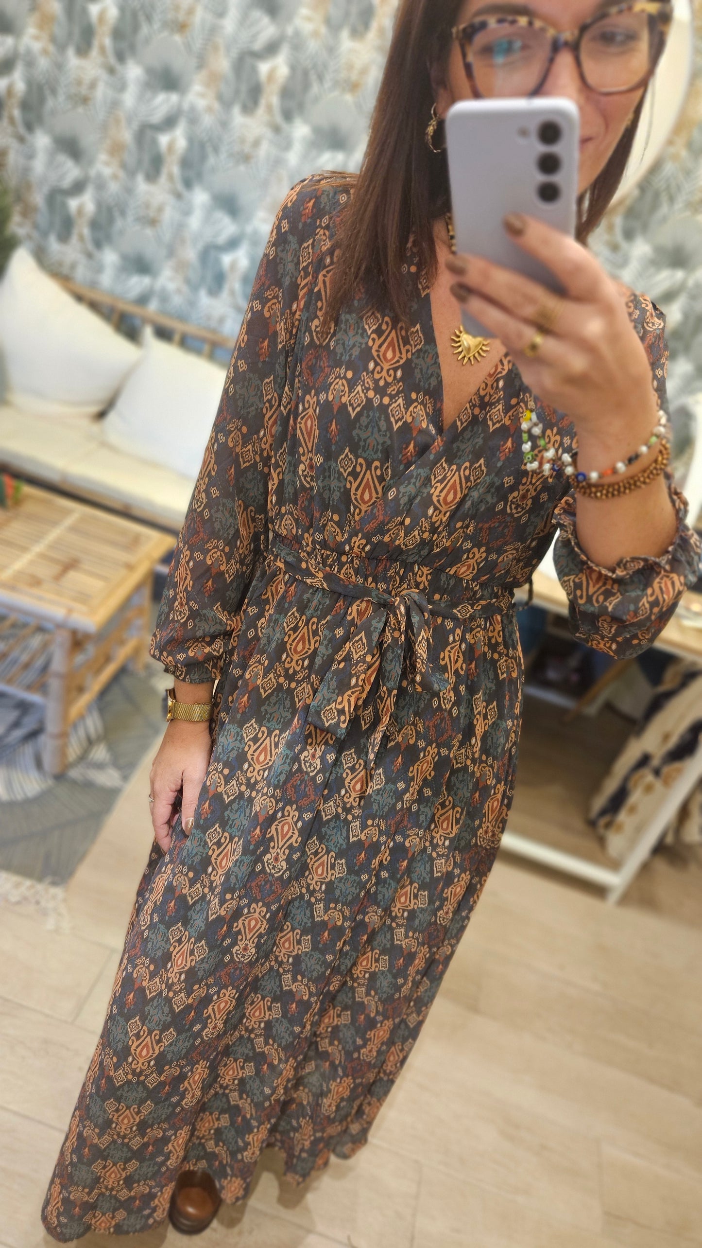 Robe longue voile Kaki motifs