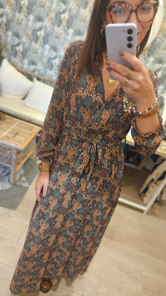Robe longue voile Kaki motifs