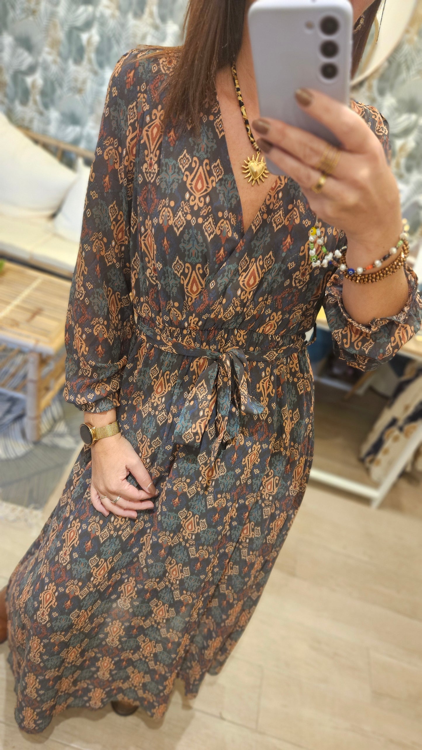 Robe longue voile Kaki motifs