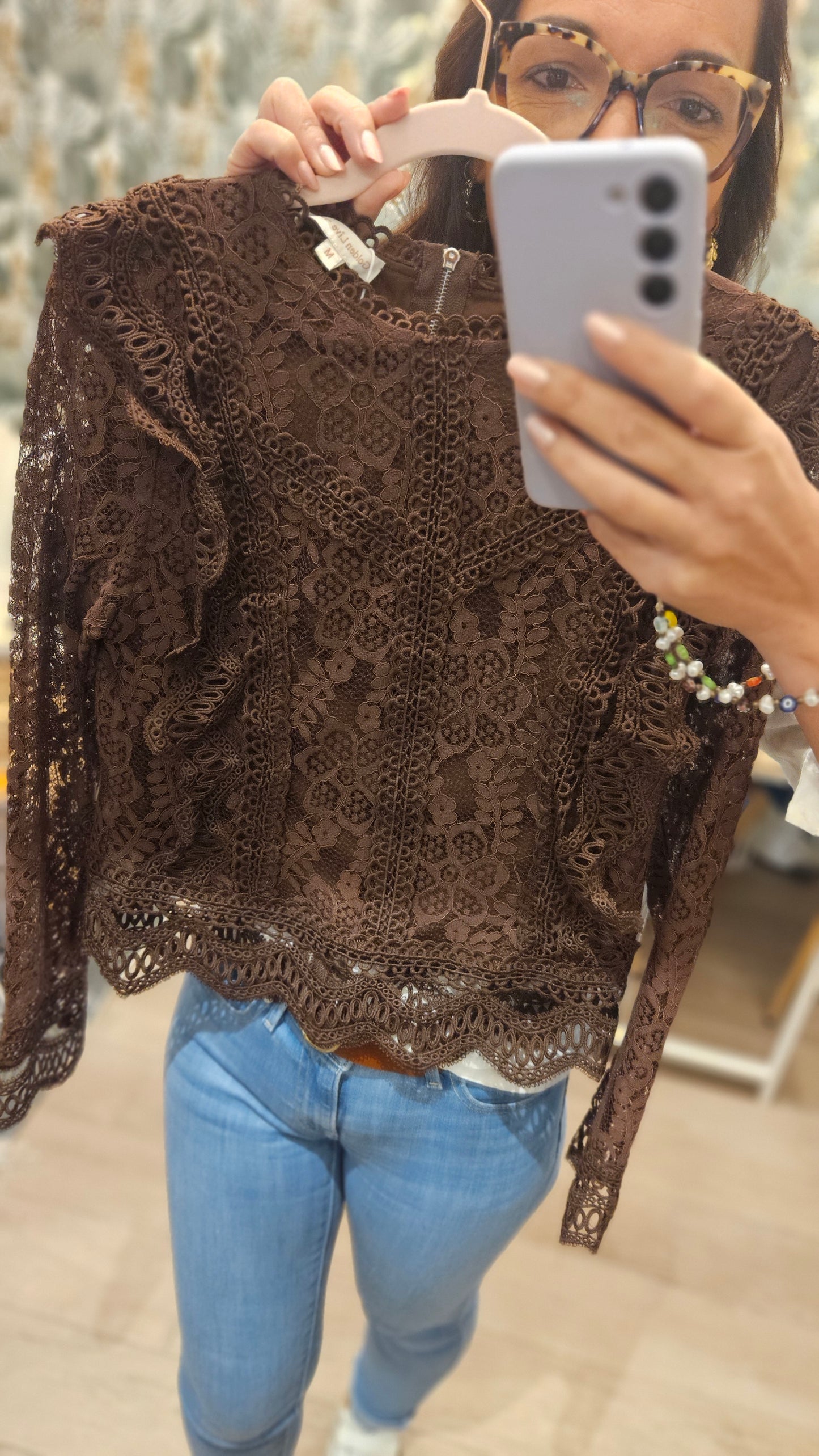 Top dentelle ML Marron